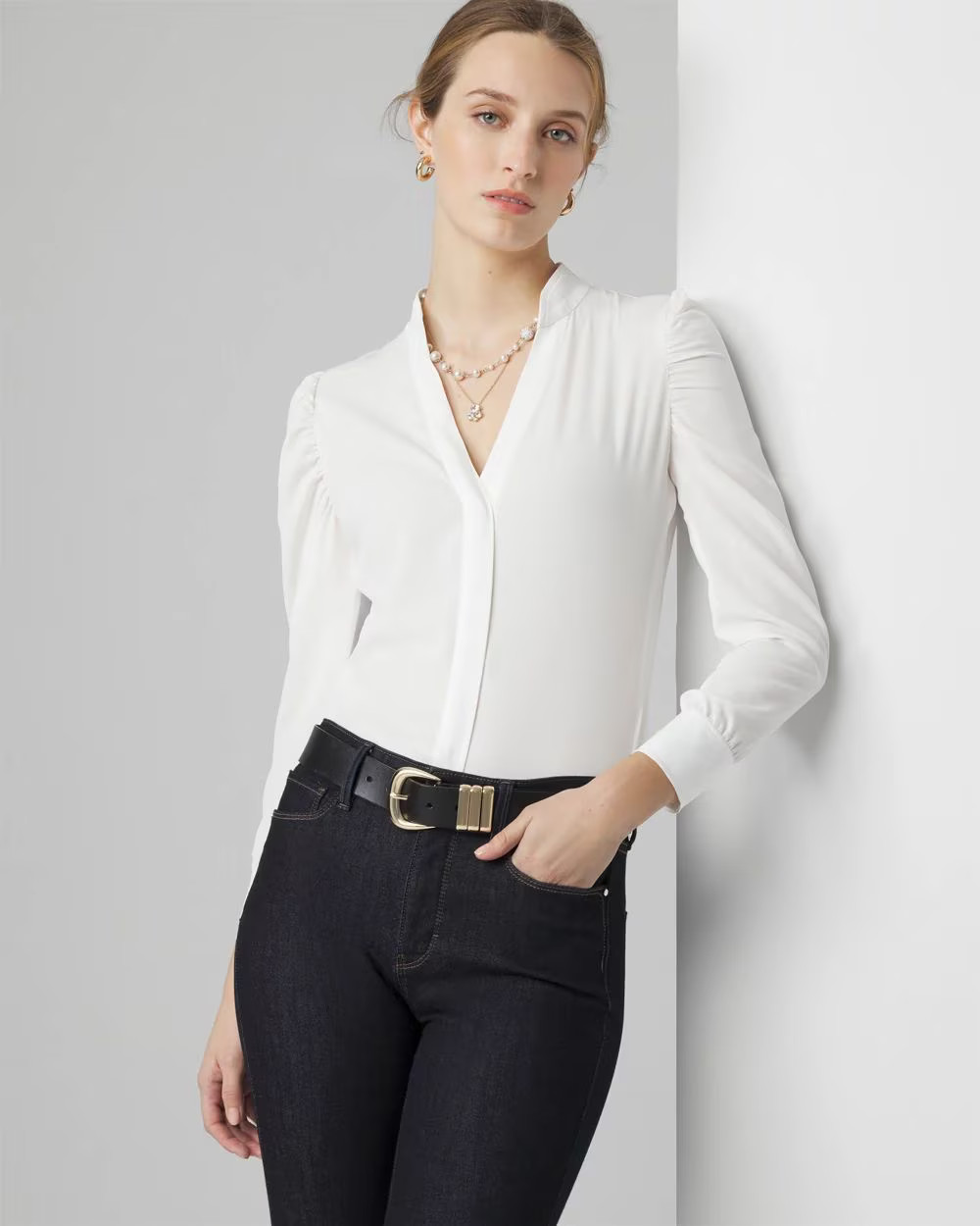 Long Sleeve Y-Neck Shirt | White House Black Market