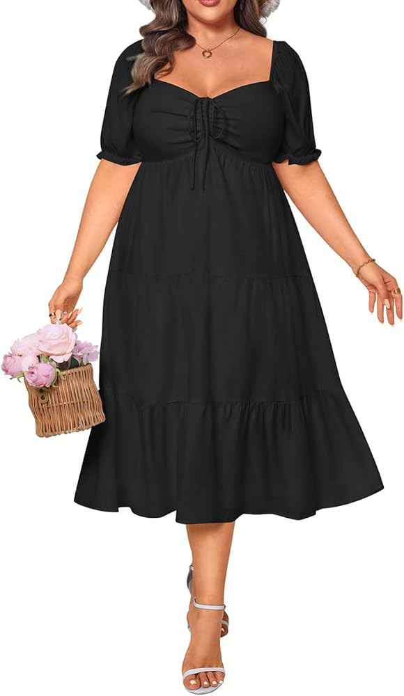 Plus Size Summer Dresses - Sweetheart Neck Drawstring Puff Sleeve Casual Wedding Guest Tiered Ali... | Amazon (US)