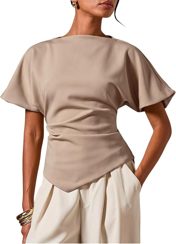 SHENHE Women's Short Sleeve Dolman Shirt Ruched Cinched Waist Asymmetrical Dressy Going Out Top | Amazon (US)