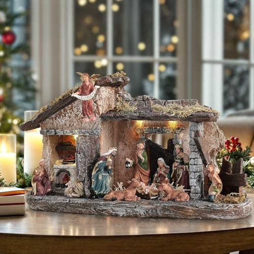 Ultym Nativity Scene Set with LED Lights,15.3" Resin Holy Family Character Stables Sculpture Manger Figurine for Indoor Tabletop Fireplace Christmas Decorations | Amazon (US)
