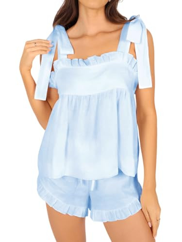 Womens Summer 2 Piece Short Sets Sleeveless Ruffle Trim Top and Shorts Cozy Pajamas Set | Amazon (US)