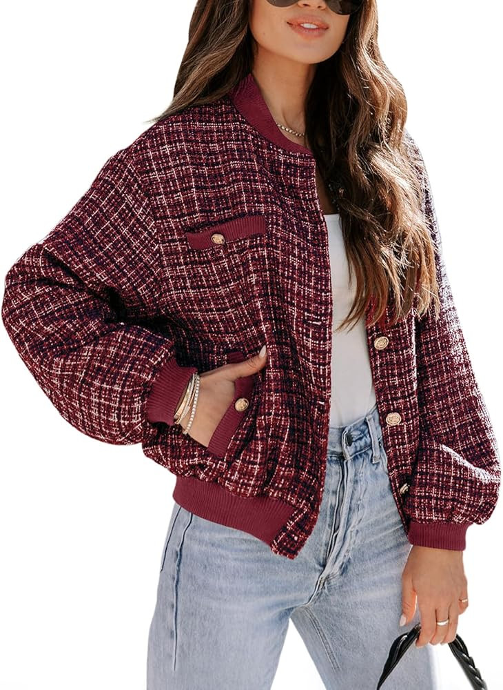 EVALESS Fashion Jacket for Women 2024 Fall Winter Trendy Button Short Shacket Long Sleeve Plaid C... | Amazon (US)