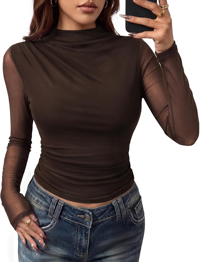 Kate Kasin Mesh Long Sleeve Tops for Women, Mock Neck Going Out Outfits | See Through, Slim Fit, ... | Amazon (US)