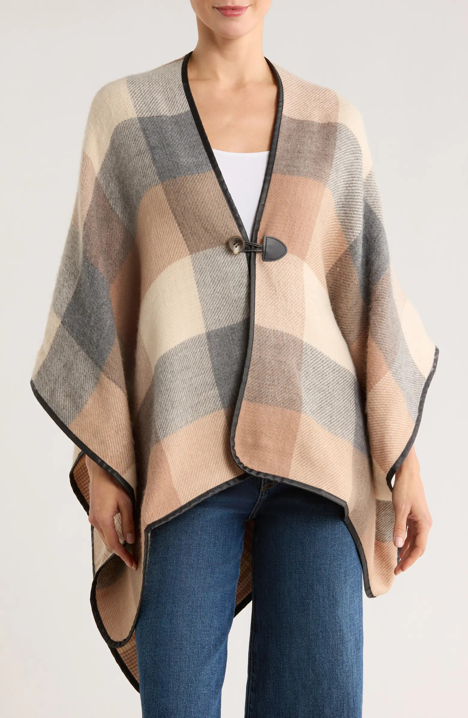 NORDSTROM RACK Faux Leather Trim Check Ruana | Nordstromrack | Nordstrom Rack