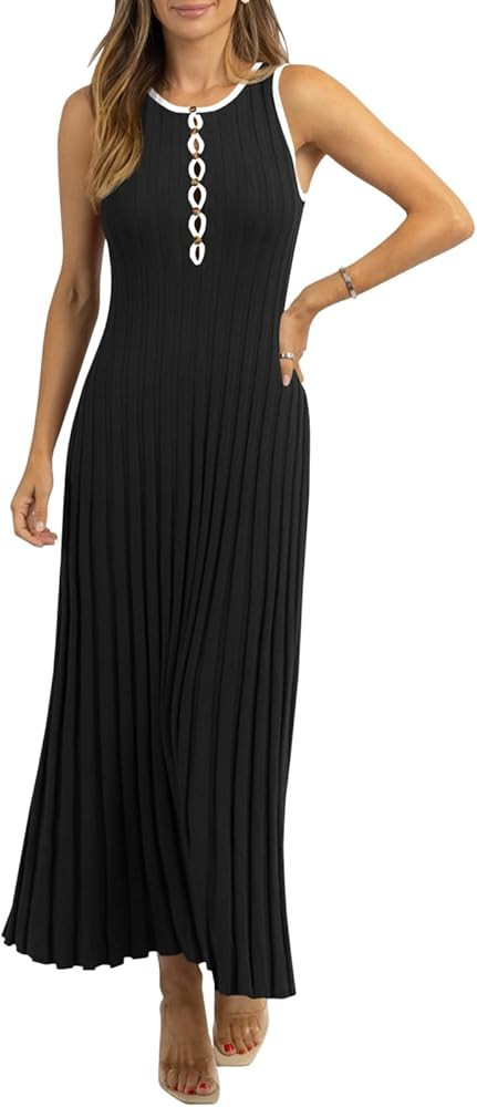 Wenrine Womens Sleeveless Maxi Dress Summer Hollow Out Crewneck Casual Ribbed Knit Slim Fit Tank ... | Amazon (US)