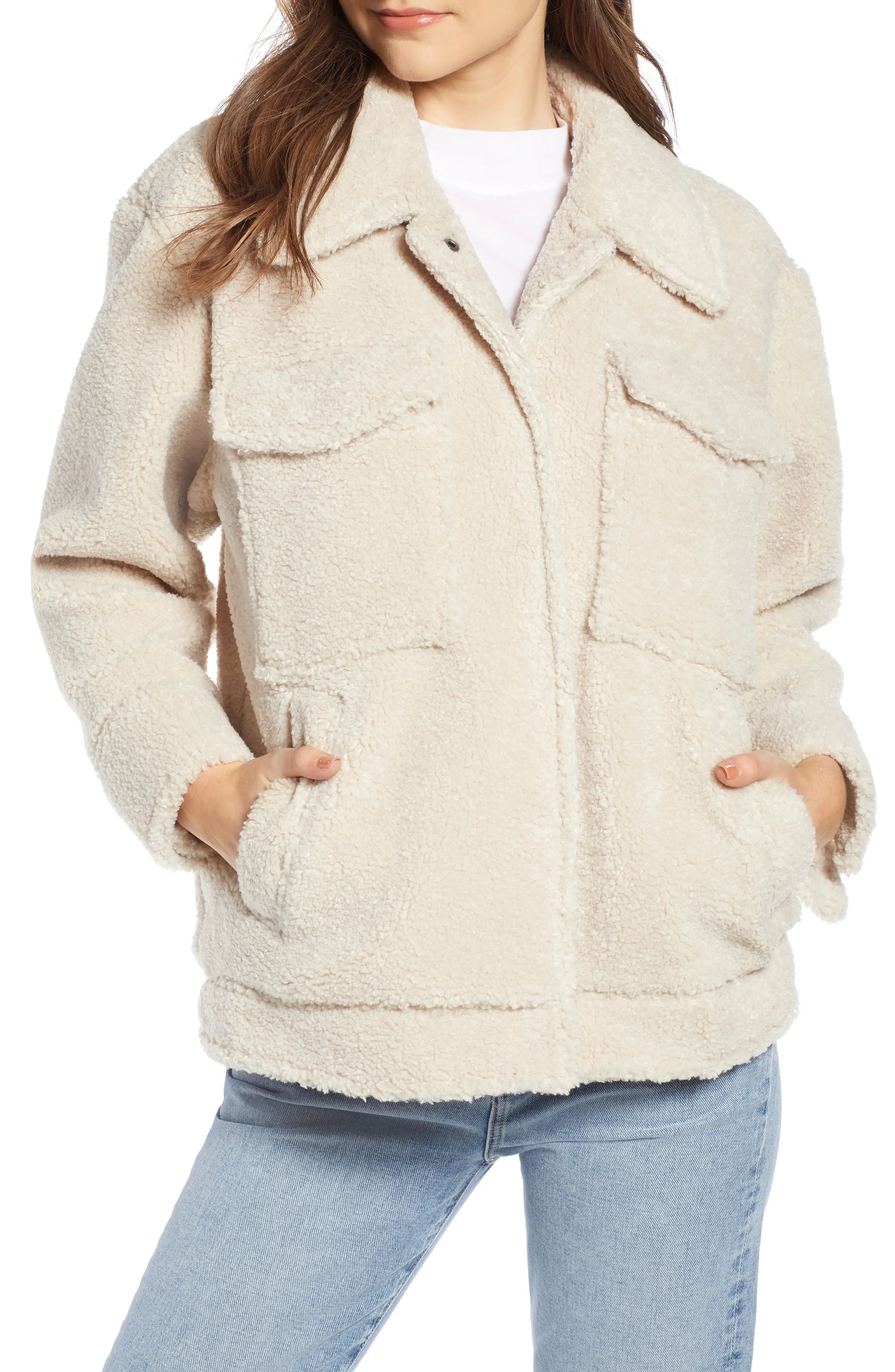 Women's Something Navy Faux Shearling Jacket, Size XX-Small - Ivory | Nordstrom