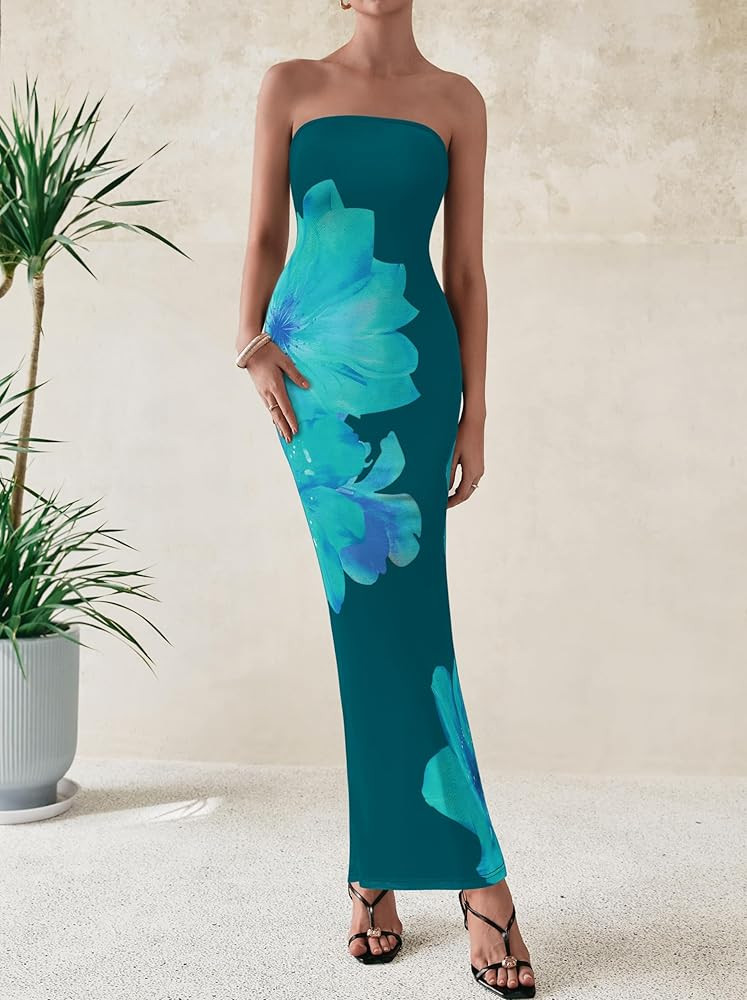 Amazon.com: PRETTYGARDEN Women Summer Strapless Maxi Dress Bodycon Floral Sexy Long Wedding Guest... | Amazon (US)