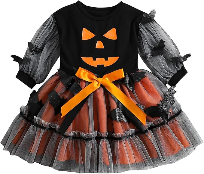 Kayotuas Toddler Baby Girl Halloween Outfit Pumpkin Bat Dress Long Sleeve Orange Tulle Tutu Skirt... | Amazon (US)