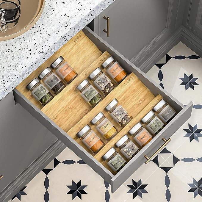 AMBIRD Bamboo Spice Drawer Organizer with Non-slip Mat, 4 Tier Jar Spice Rack Tray 13'',Seasoning... | Amazon (US)