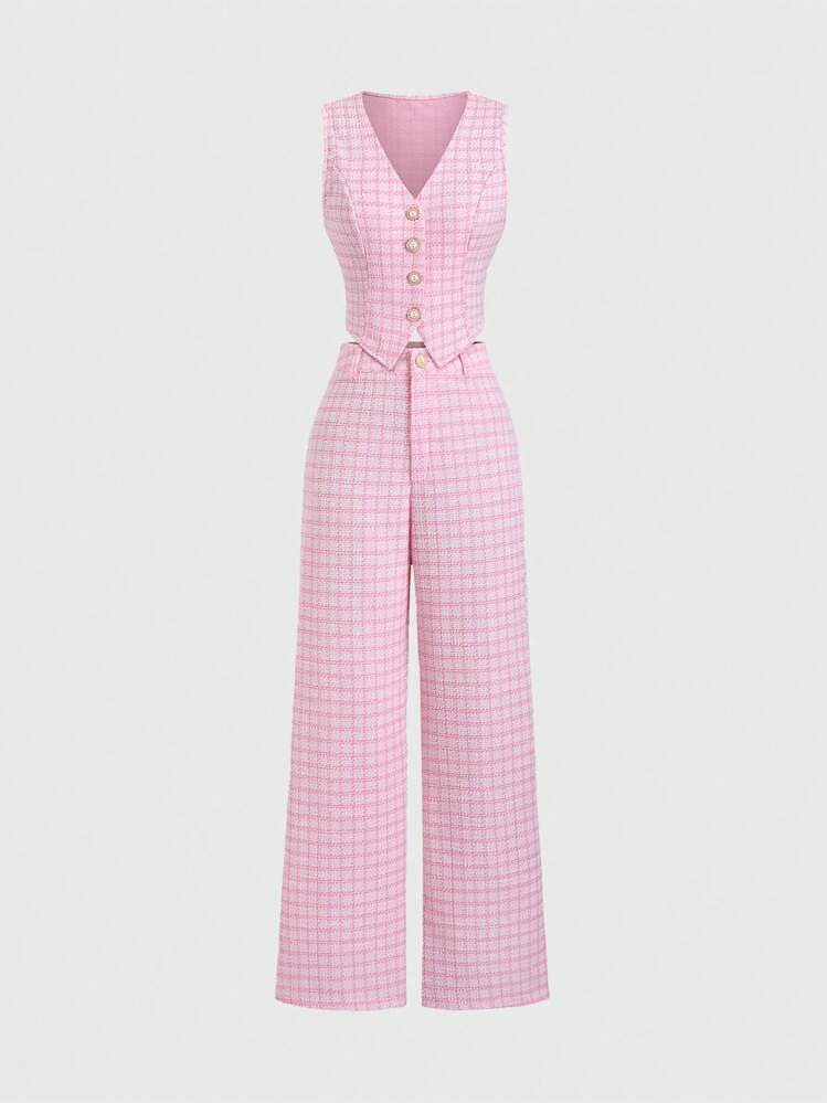 Sweetra European & American Style Pink Sleeveless Vest And Pants Set Women, New Summer Elegant Slim 2Pcs Outfit | SHEIN