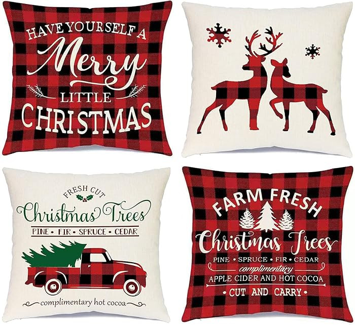 Ueerdand Christmas Decorations Pillow Covers 18×18 Set of 4 Black and Red Xmas Farmhouse Buffalo... | Amazon (US)