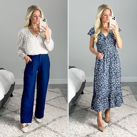 Old Navy workwear! Pretty blue and cream blouse with sheer sleeves. Navy trouser pants have pleats in front and elastic in the waist in the back. Wearing petite length, I’m 5’1. Blue floral dress has an elastic waist. Dress is flowy and comfy to wear. 

#LTKFind #LTKstyletip #LTKunder50