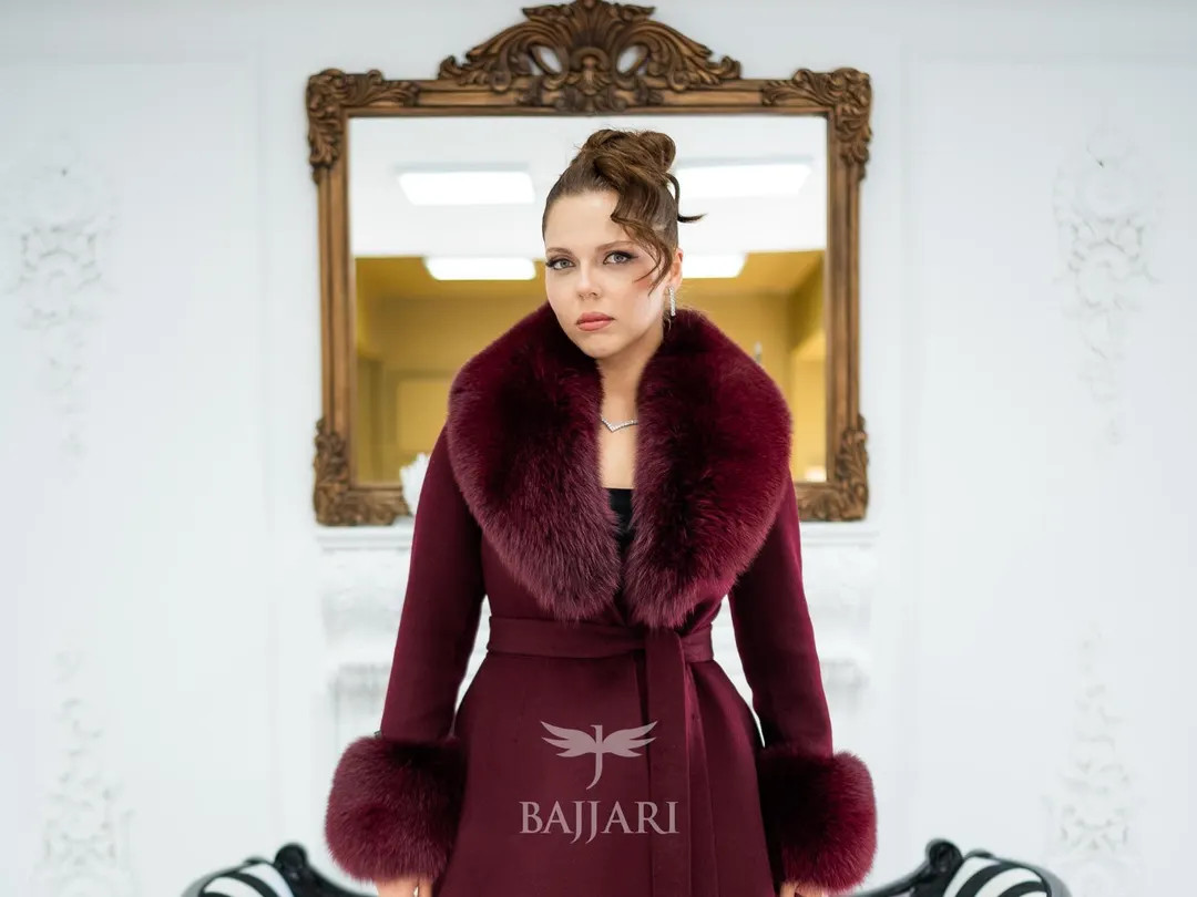 Burgundy Alpaca Wool Coat with Fox Fur Collar & Cuffs | Etsy (US)