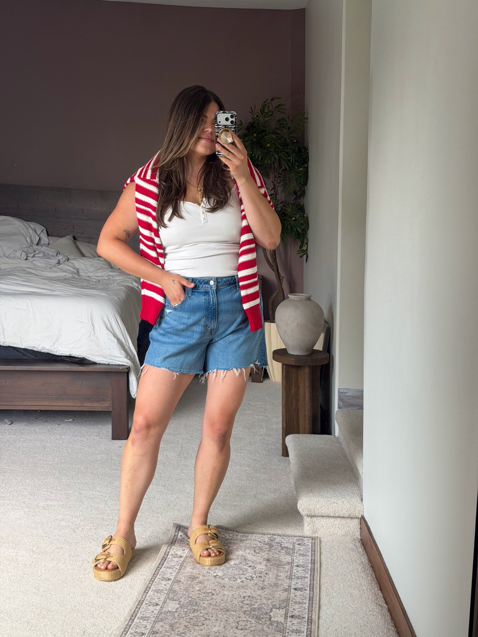 Would be so cute for July 4 or Memorial Day!  Casual summer outfit with natural materials - cotton - so comfortable, breathable and versatile

Wearing size 32 in the dad shorts from @abercrombie , size large in the Bral tank from Abercrombie and large in the striped sweater from @Target   Shoes are @amazon 
Summer outfit, beach outfit, vacation, stay at home mom, midsize, size 12, size 14, mom style, curvy outfit