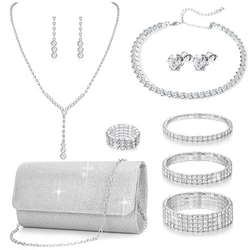 GIFIKOI 11 Pcs Silver Clutch Purse Crystal Jewelry Set for Women Shiny Rhinestone Jewelry Accessories for Evening Party Bride Wedding | Amazon (US)