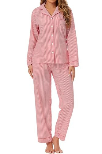 LUBOT 100% Cotton Pajamas for Women 2PC PJ Set Poplin Pajama Set Woven Long Sleeve Button-Down Two Piece Printed Sleepwear Loungewear Set (Red Stripe, M) | Amazon (US)