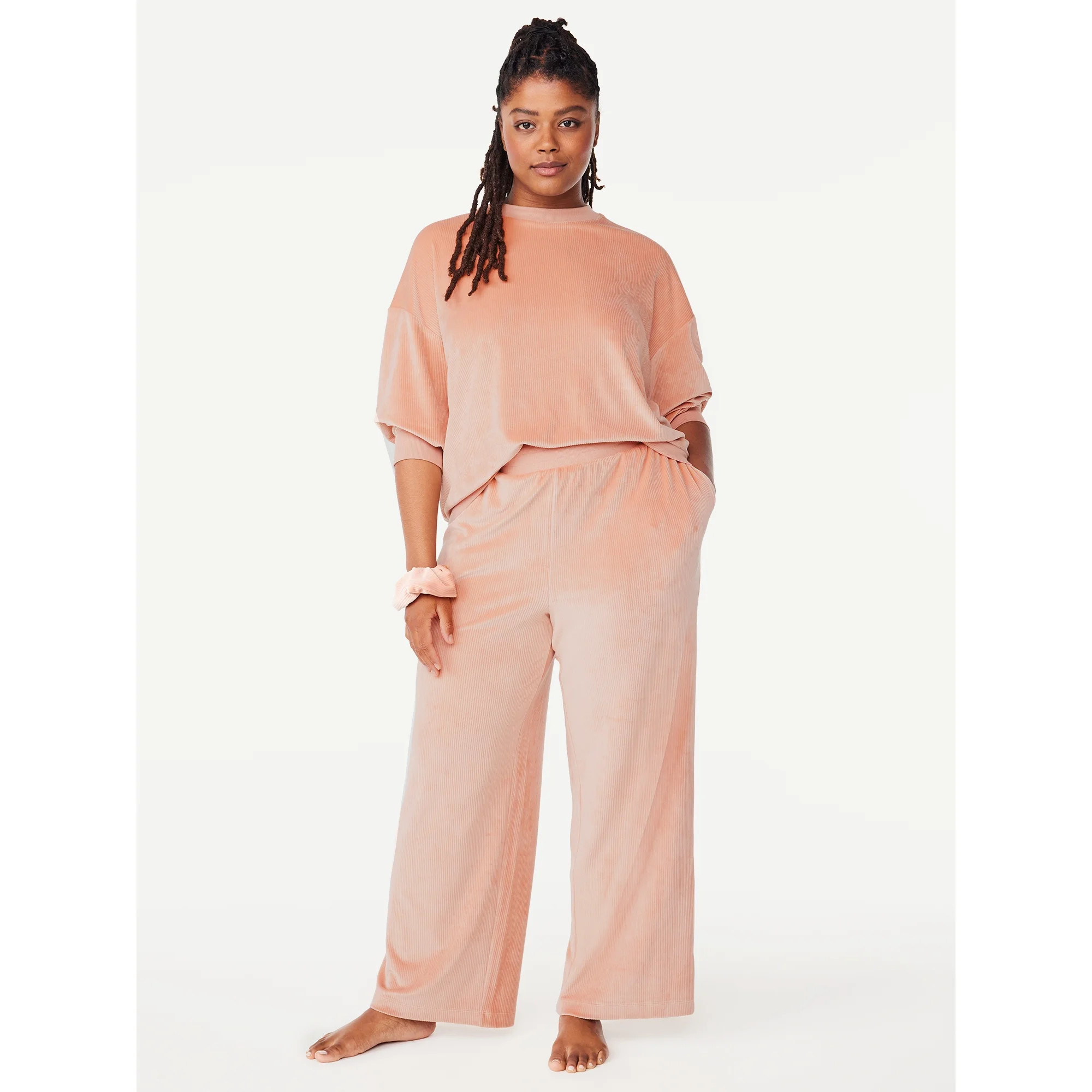 Joyspun Women's Ribbed Velour Top and Pants Pajama Set with Oversized Scrunchie, 3-Piece, Sizes S... | Walmart (US)