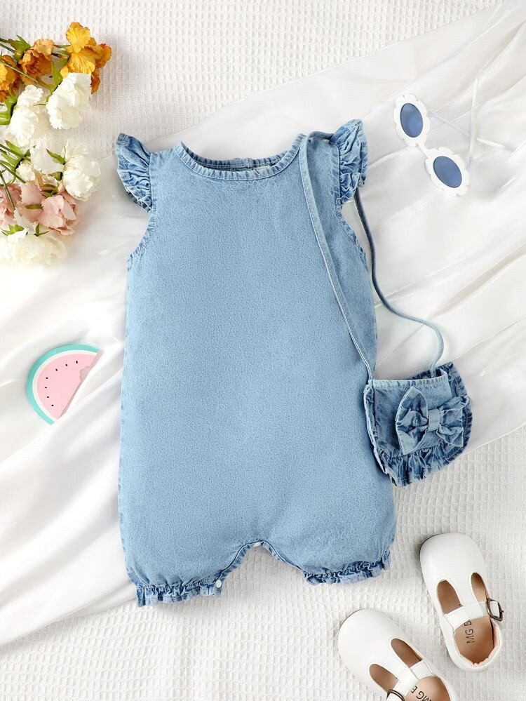 Baby Ruffle Trim Denim Romper | SHEIN