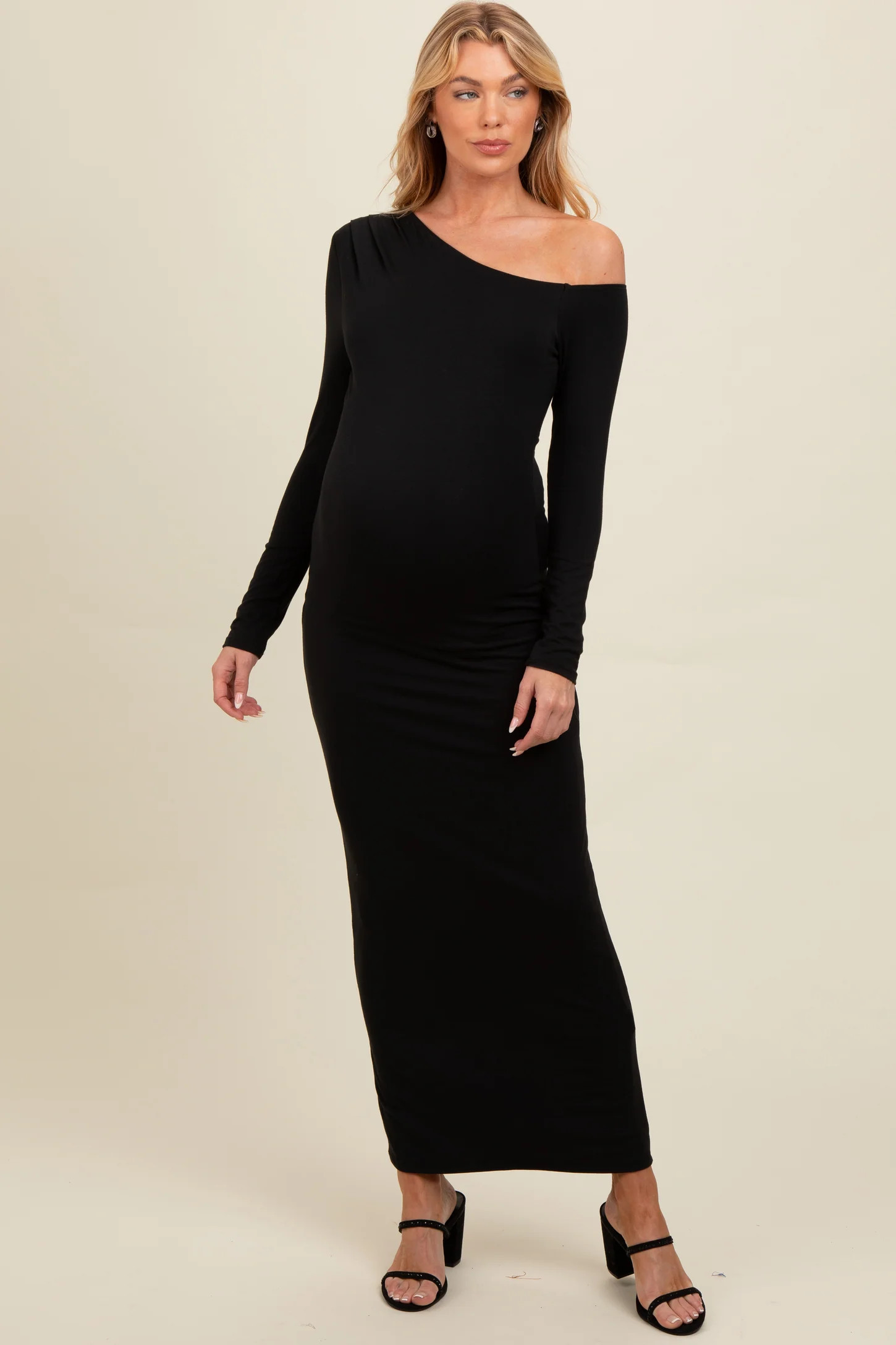 Black One Shoulder Long Sleeve Maternity Midi Dress | PinkBlush Maternity
