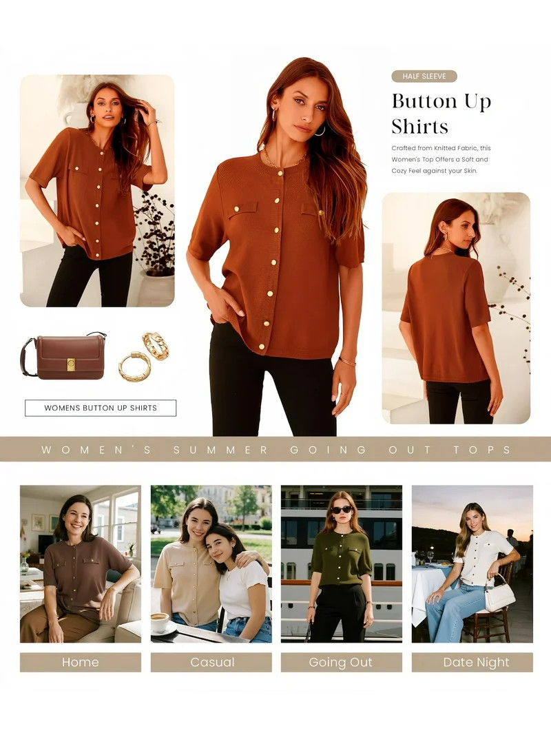 PRETTYGARDEN Women's Summer Button Down Shirts Casual Short Sleeve Crew Neck Ribbed Knit Blouse T... | Walmart (US)