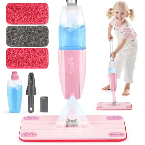 Dreamon Kids Spray Mop - Real Working Toddler Cleaning Set with Water Sprayer & 3 Washable Mop Pads & Scraper, Pretend Play Montessori Housekeeping Toys Gifts for Toddlers Kids Girls Boys(Pink) | Amazon (US)