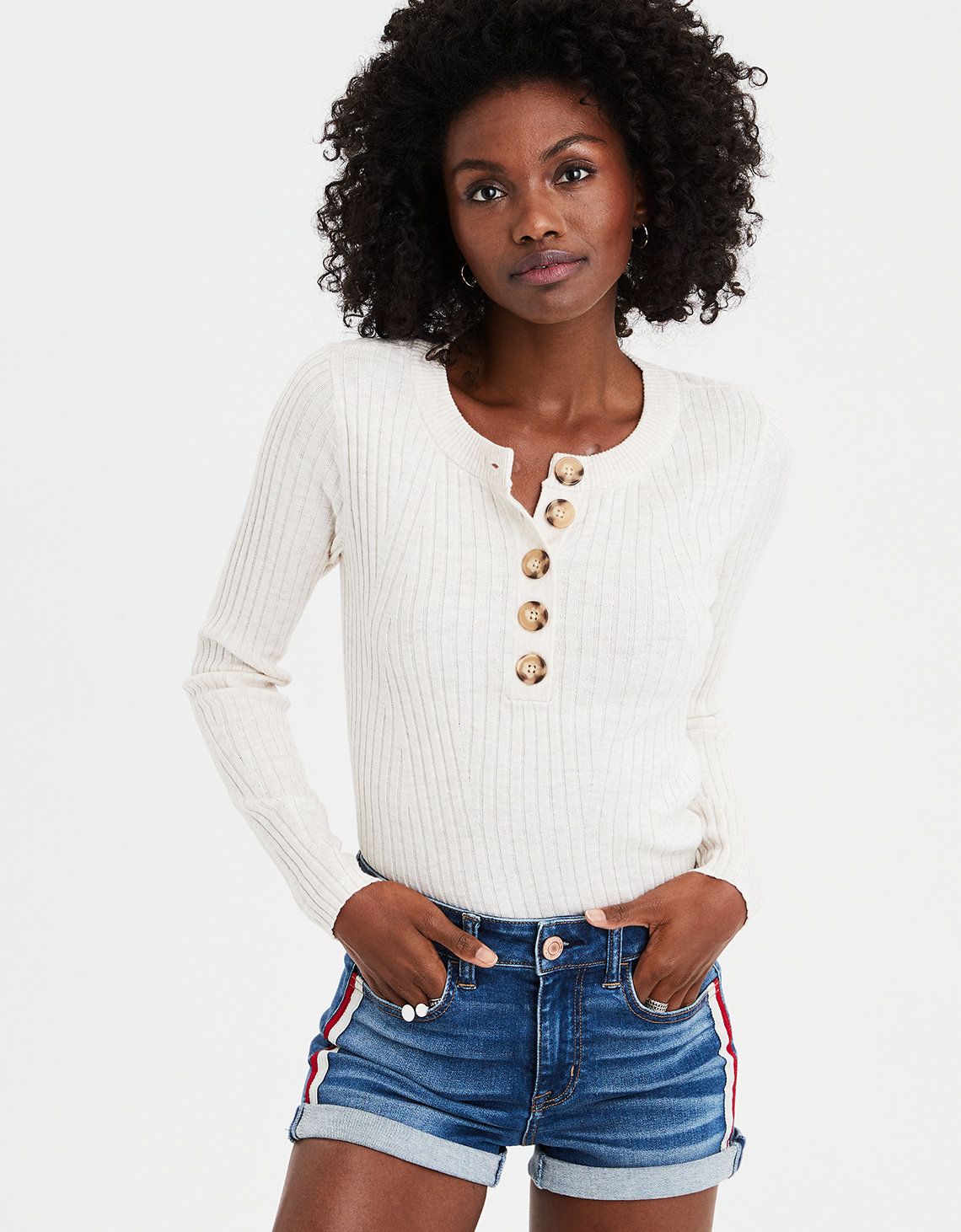 AE Button Rib Button Henley Pullover Sweater, Cream | American Eagle Outfitters (US & CA)