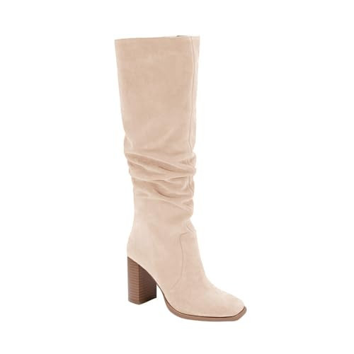 Juliet Holy Womens Knee High Boots Chunky High Heel Square Toe Side Zipper Wide Calf Boot Nude | Amazon (US)
