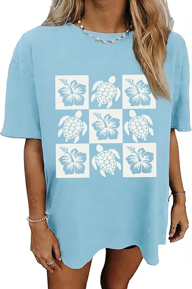 Oversized Sea Turtle Shirts for Women Hawaiian Tropical Flowers Tortoise T-Shirt Summer Beach Vac... | Amazon (US)