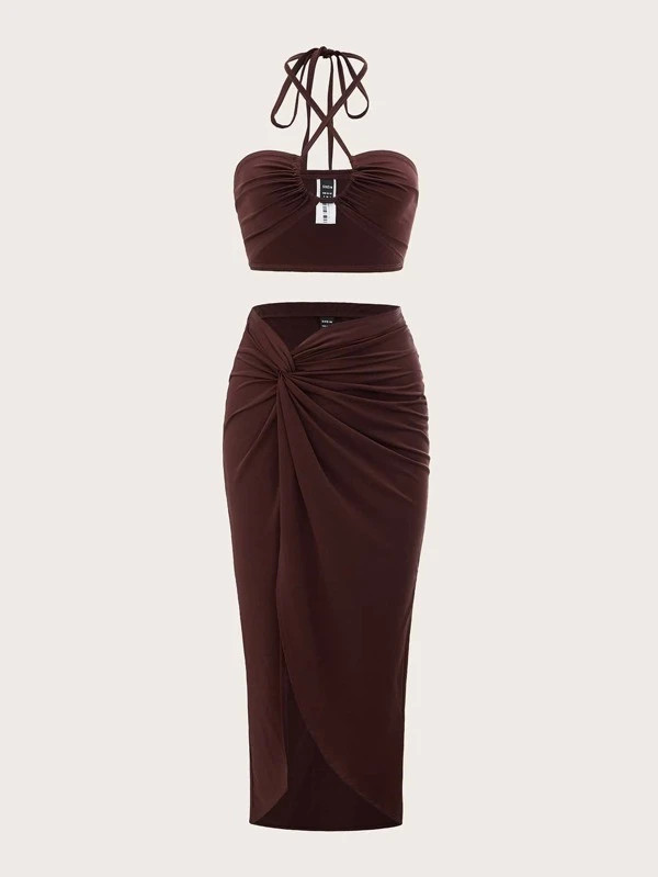 SHEIN ICON Tie Back Halter Top & Twist Front Skirt | SHEIN