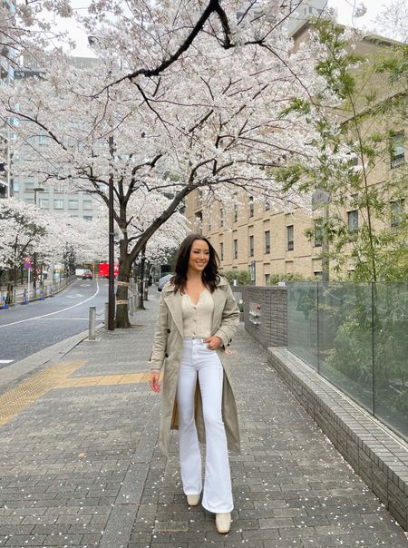 Spring outfit 🌸 for those cooler temps, like Japan 💕 white flares, cardigan, crop cardigan, trench coat, cream booties

#LTKfindsunder100 #LTKSeasonal #LTKtravel