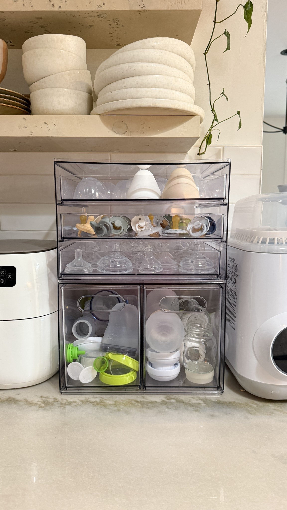 Bottle, pacifier, pump part clear acrylic organizer 