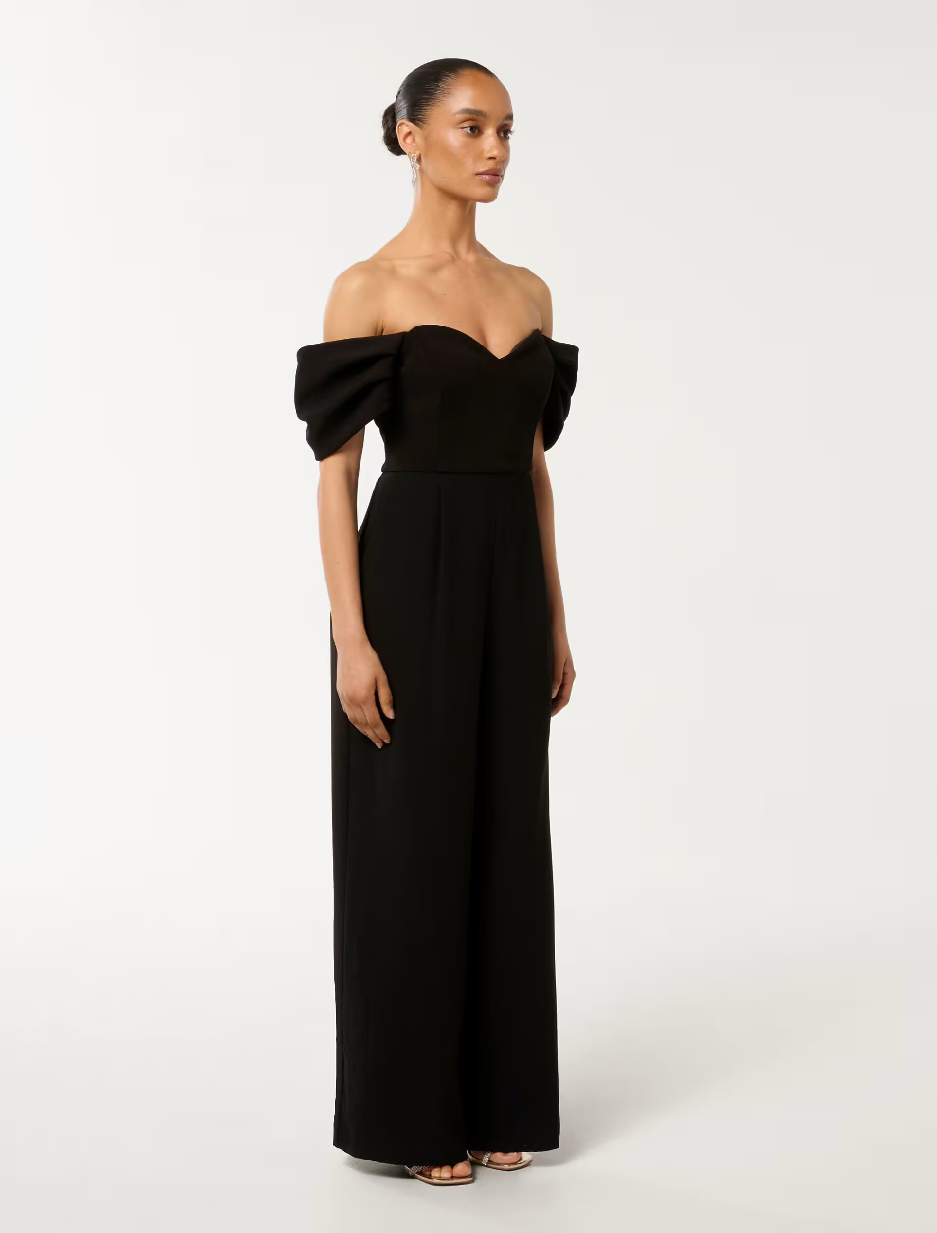 Forever New Petite tailored sweetheart neck line off the shoulder jumpsuit in black | ASOS (Global)