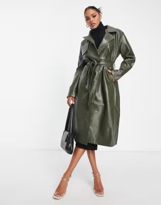 Aria Cove vegan leather trench coat in khaki | ASOS | ASOS (Global)