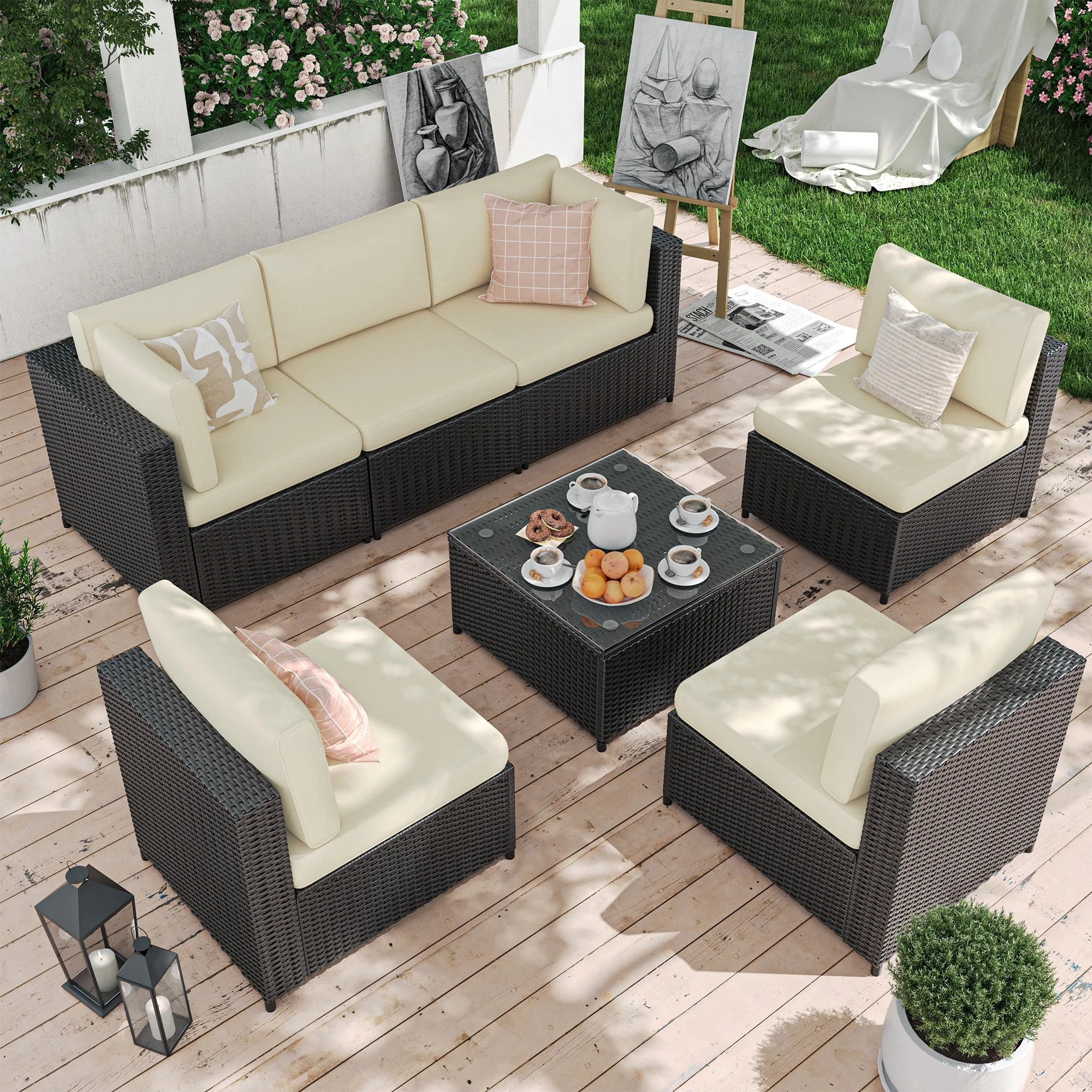 ECOPATIO 7 Pieces Patio Conversation Set, Outdoor Sectional PE Rattan Wicker Furniture Seat,Beige... | Walmart (US)
