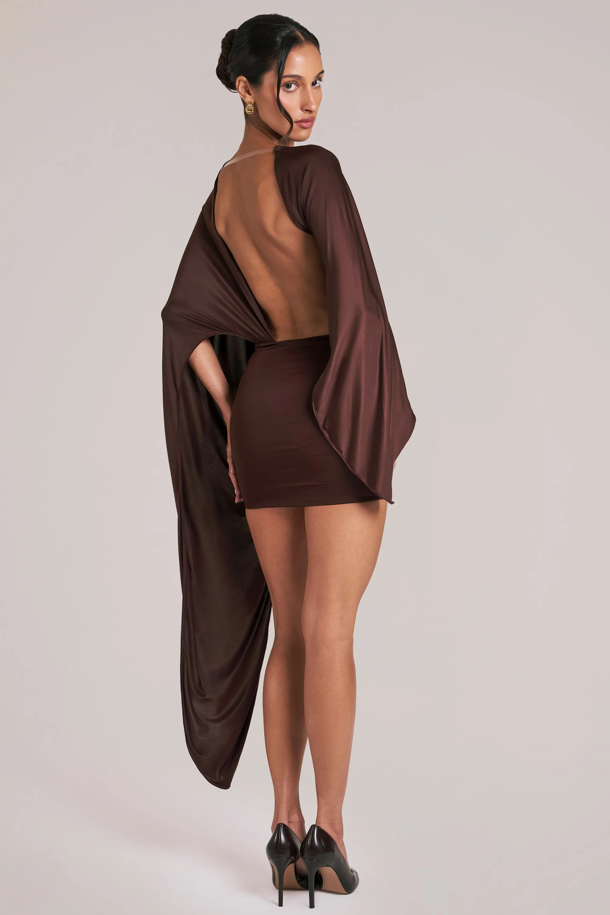 Draped Cape Mini Dress in Chocolate Brown | Oh Polly