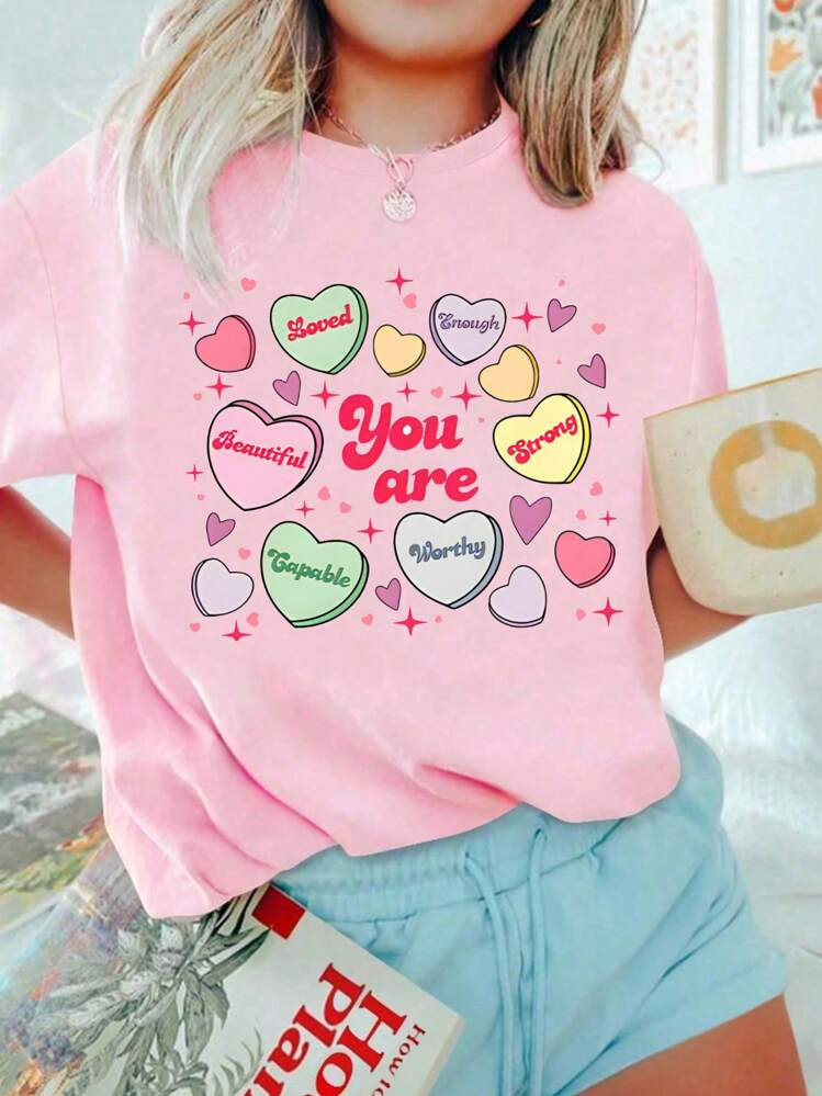 SHEIN EZwear Women's Valentine's Day Cute Candy Heart & "You're Enough" Graphic Vintage Style But... | SHEIN
