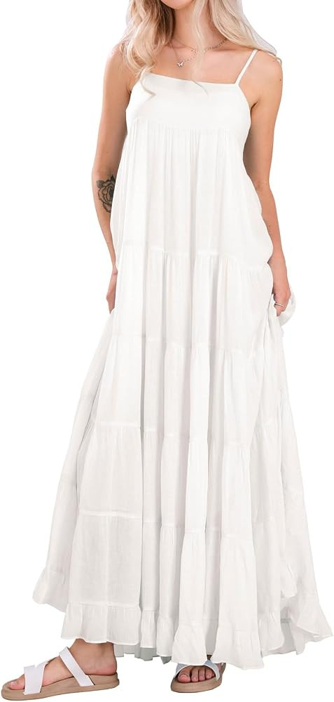 loveimgs Women Summer Spaghetti Strap Smocked Maxi Dress Tiered Ruffle Sleeveless Long Flowy Dres... | Amazon (US)