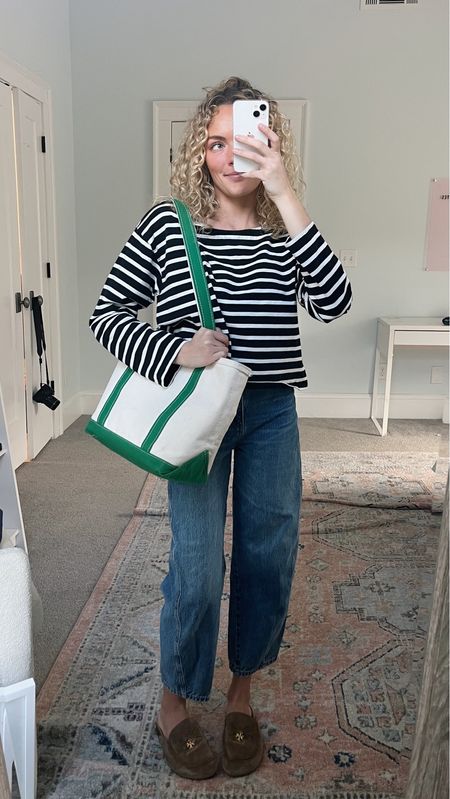 Classic striped boatneck top from JCrew! 30% off right now. Paired with my boat and tote and Tory Burch suede mules! 
🖤🖤🖤

#LTKworkwear #LTKSeasonal #LTKfindsunder50
