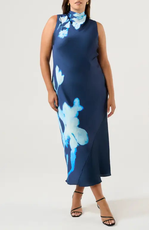 Estelle Mayla Placed Floral High Neck Dress in Midnight Blue/Azure at Nordstrom, Size 18W | Nordstrom