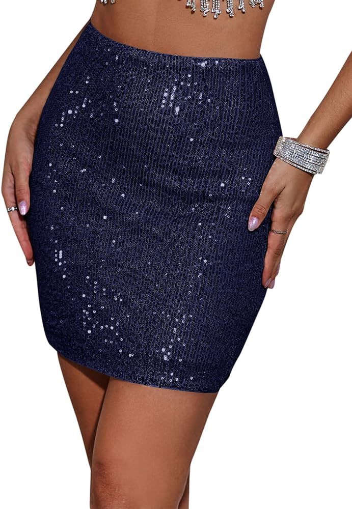 Wenrine Women's Sequin Skirt Mini Sparkly High Rise Sexy Nigh Out Party Bodycon Club Skirt | Amazon (US)