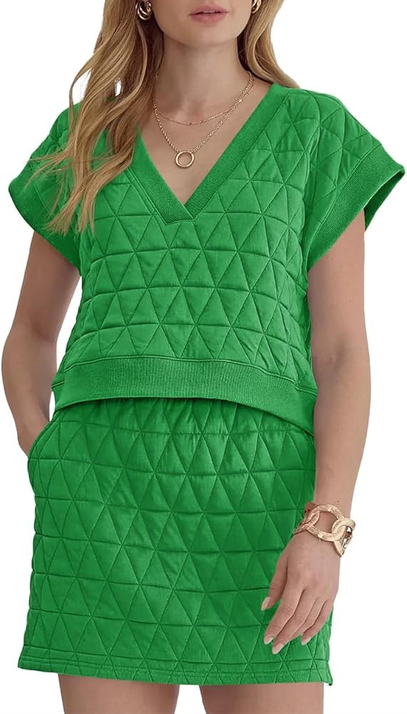 Fisoew Womens Argyle 2 Piece Outfits Skirt Sets Short Sleeve V Neck Tops and Casual Mini Skirts L... | Amazon (US)