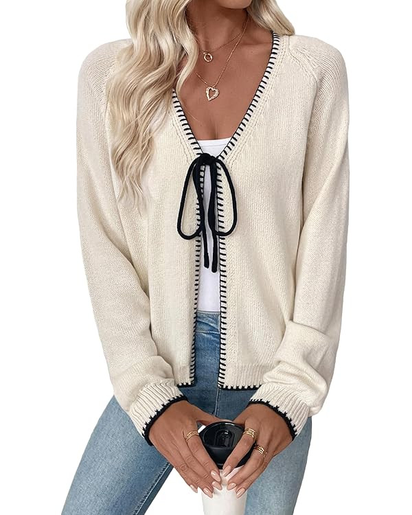 EVALESS Womens Cardigan Sweaters Trendy V Neck Long Sleeve Open Front Bow Tie Knit Chunky Lightwe... | Amazon (US)