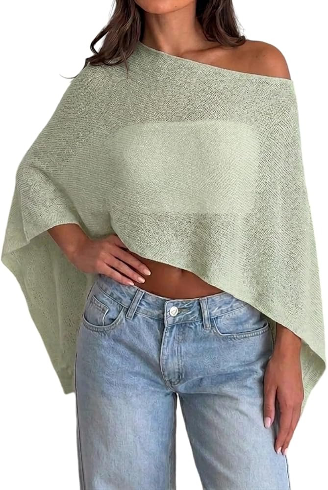 Womens Sheer Poncho Top Y2k Knitted Summer Asymmetrical Mesh Shawl Pullover Sweater Cover Up Tops | Amazon (US)