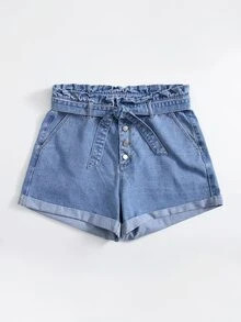 Plus Paperbag Waist Belted Button Fly Denim Shorts | SHEIN