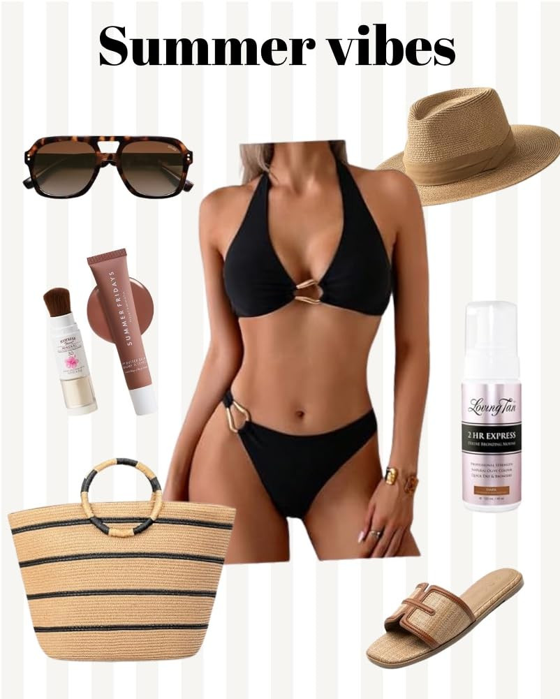 Dreaming of my next vacation and of summer months. Gold hardware on dresses and bikinis is IN and I love this black swimsuit. Paired with this elevated beach bag, self tanner (I used dark), and a straw hat and sandals. YEA. 

Summer outfit, beach ready, bikini outfit, black swimsuit, beach vacation outfit 

#LTKspring #LTKSeasonal #LTKSwim