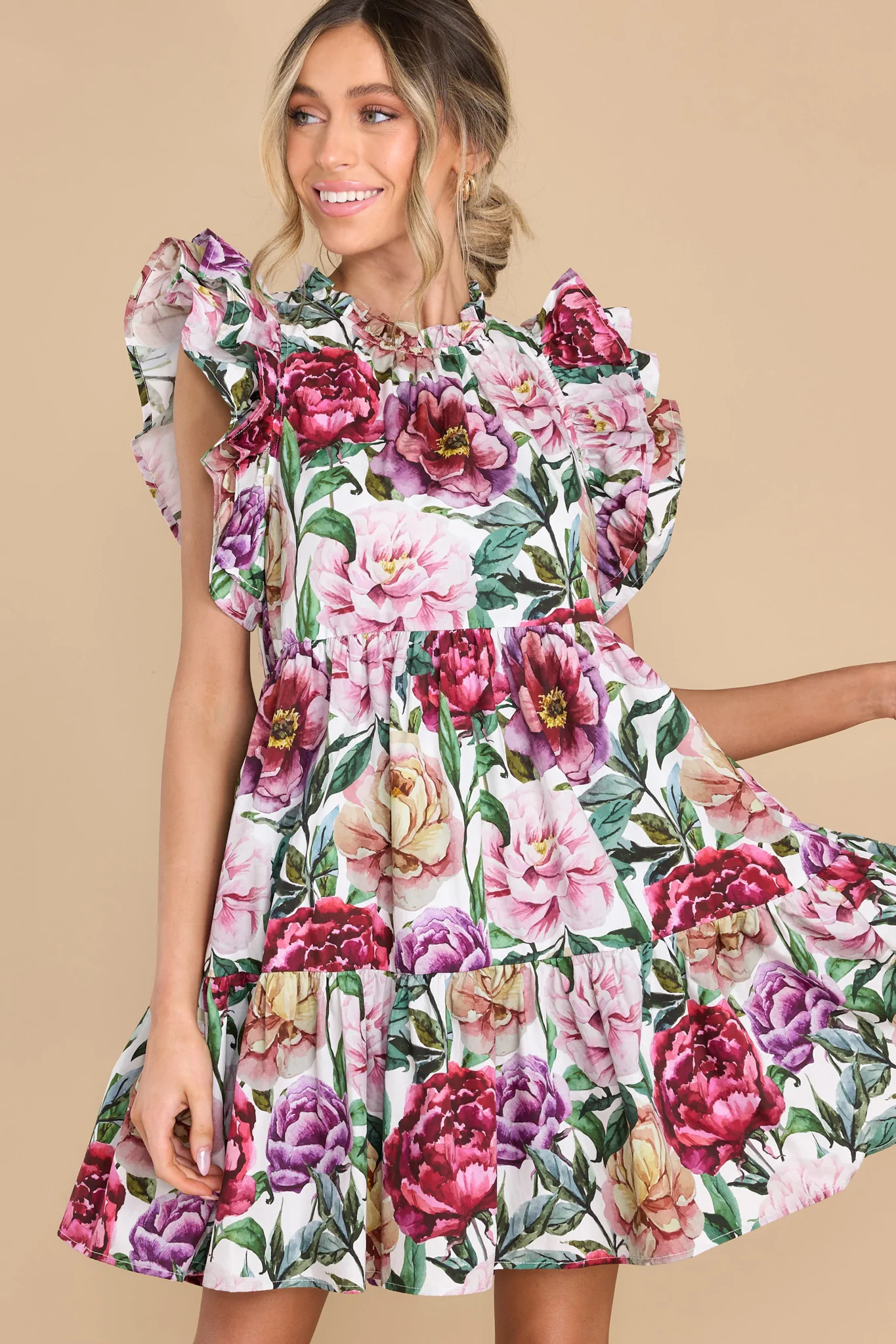 Flirty Florals Ivory Floral Print Dress | Red Dress 