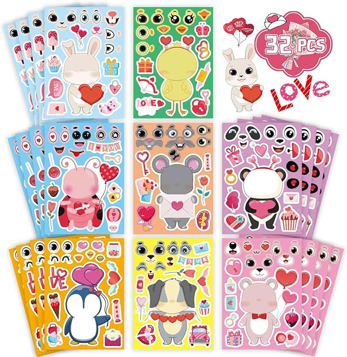 32 Sheets Valentine Stickers for Kids, Valentines Crafts Heart Love Sticker Make a Face Stickers,... | Amazon (US)