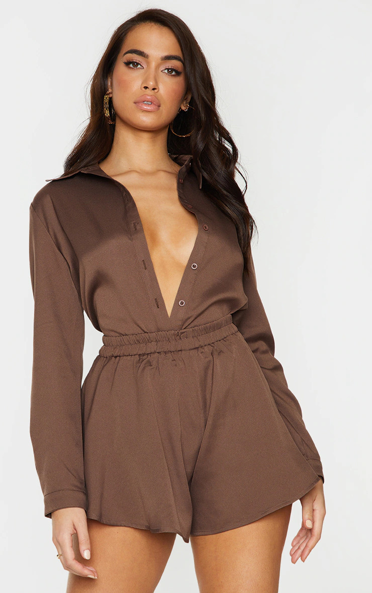 Mocha Oversized Long Sleeve Shirt | PrettyLittleThing US