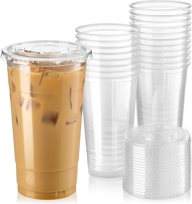 Fit Meal Prep 50 Pack 32 oz Clear Plastic Cups with Flat Lids, Disposable Iced Coffee Cups, BPA F... | Amazon (US)