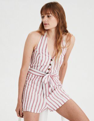 AE Striped Button Front Romper | American Eagle Outfitters (US & CA)